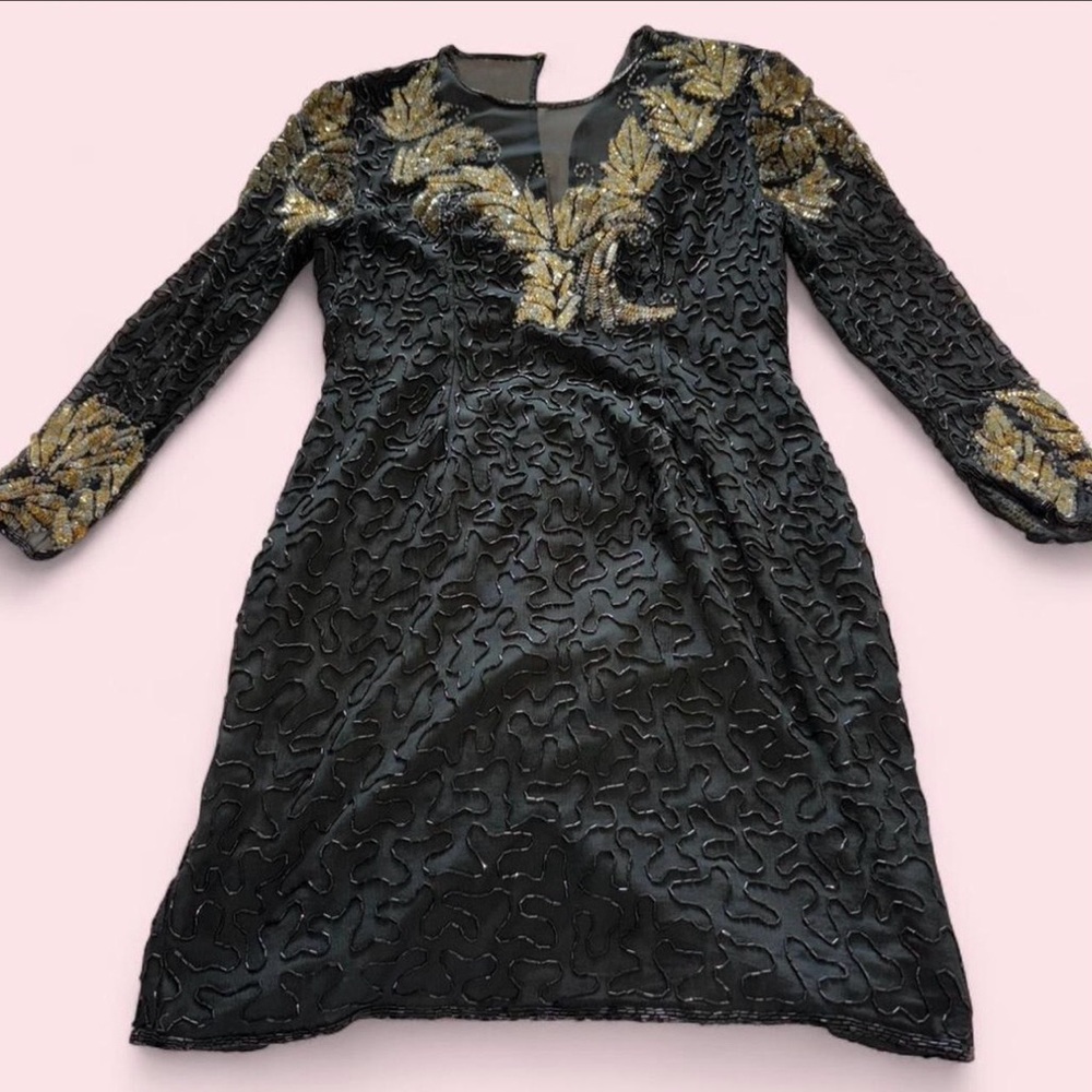 Black Beaded Cocktail Dress with Gold Sequin Accents